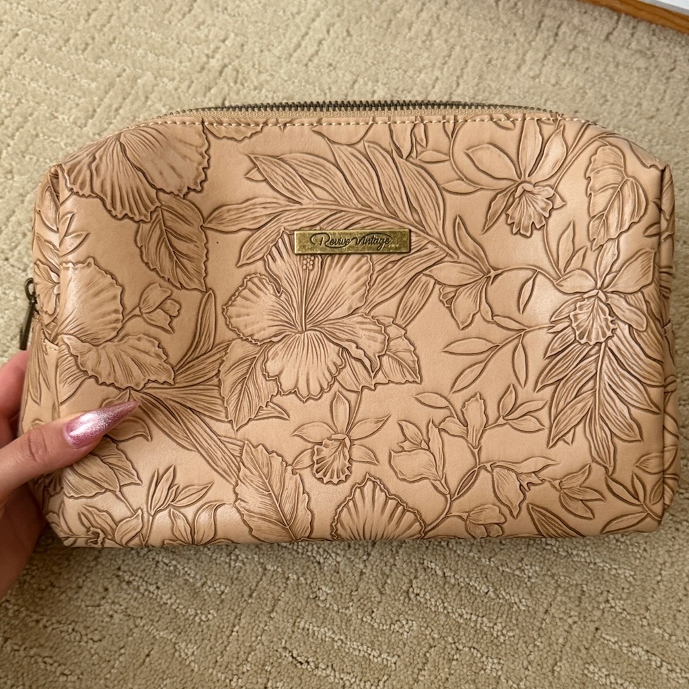 Floral Embossed Beige makeup bag